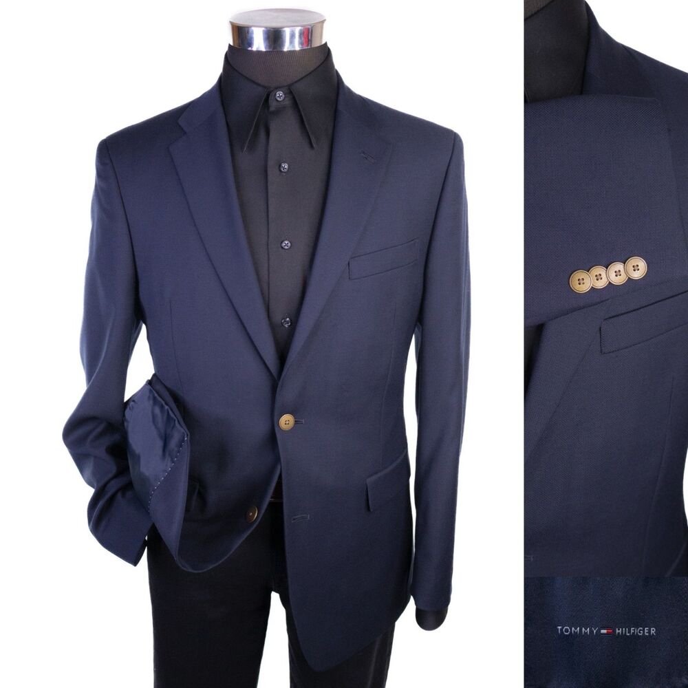 Tommy Hilfiger Sport Coat Mens 38R Wool Blend Jacket Blazer Navy Blue 2 Button